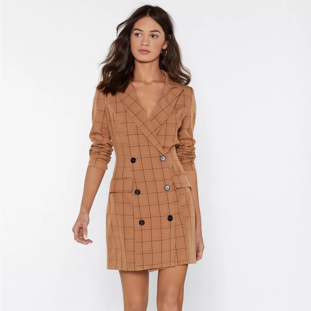 Nasty Gal Check Her Go Women’s US Size 10 Tan Plaid Blazer Dress, Double Breast